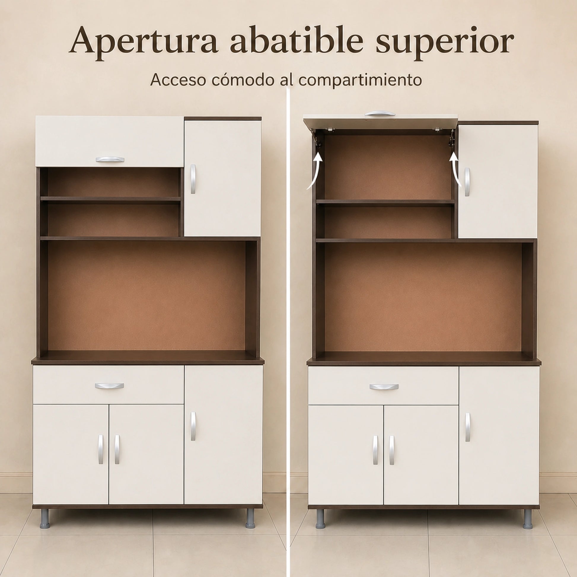 Puerta de apertura abatible en la parte superior del gabinete de cocina grande en Chocolate y Blanco
