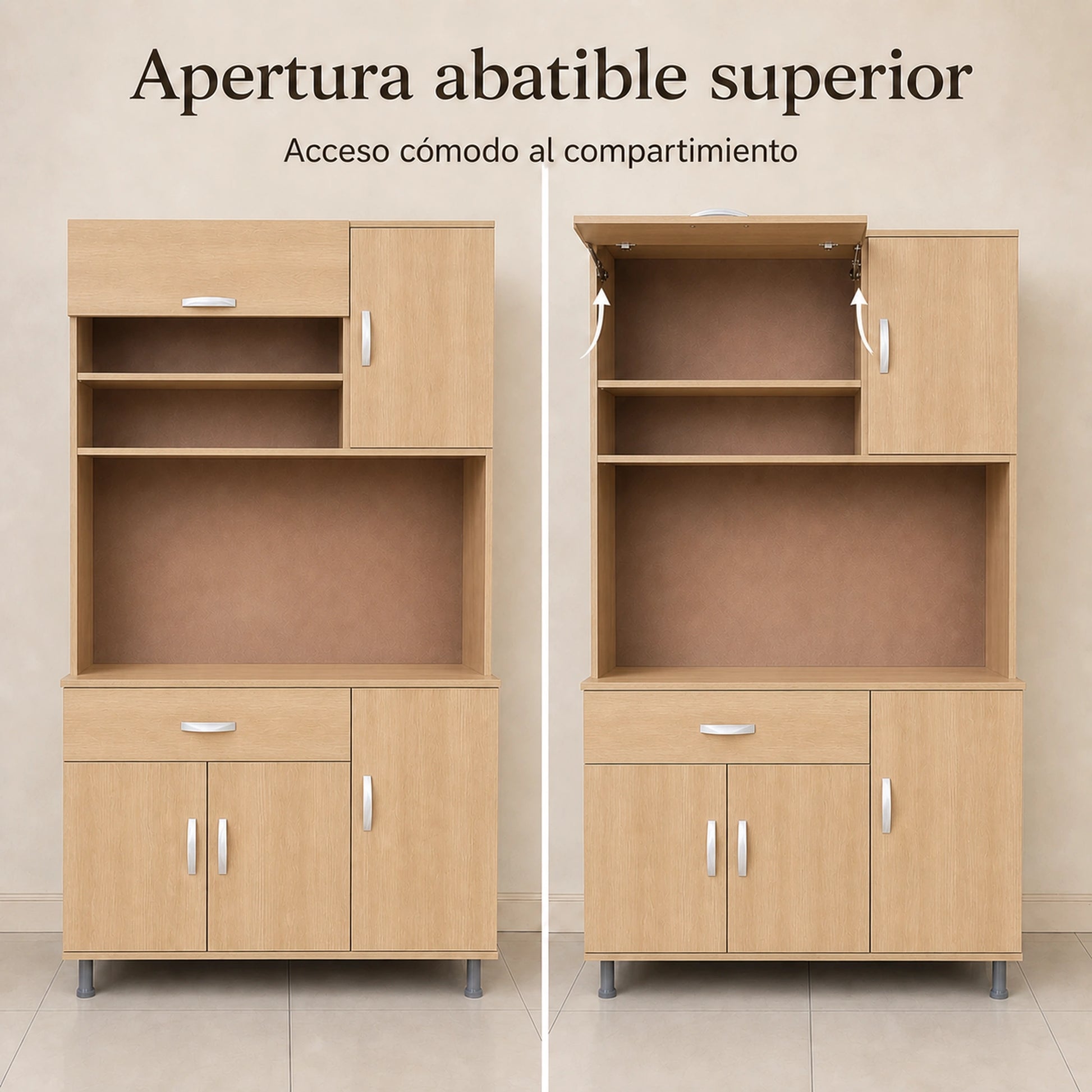 Puerta de apertura abatible en la parte superior del gabinete de cocina grande en Madera Beige