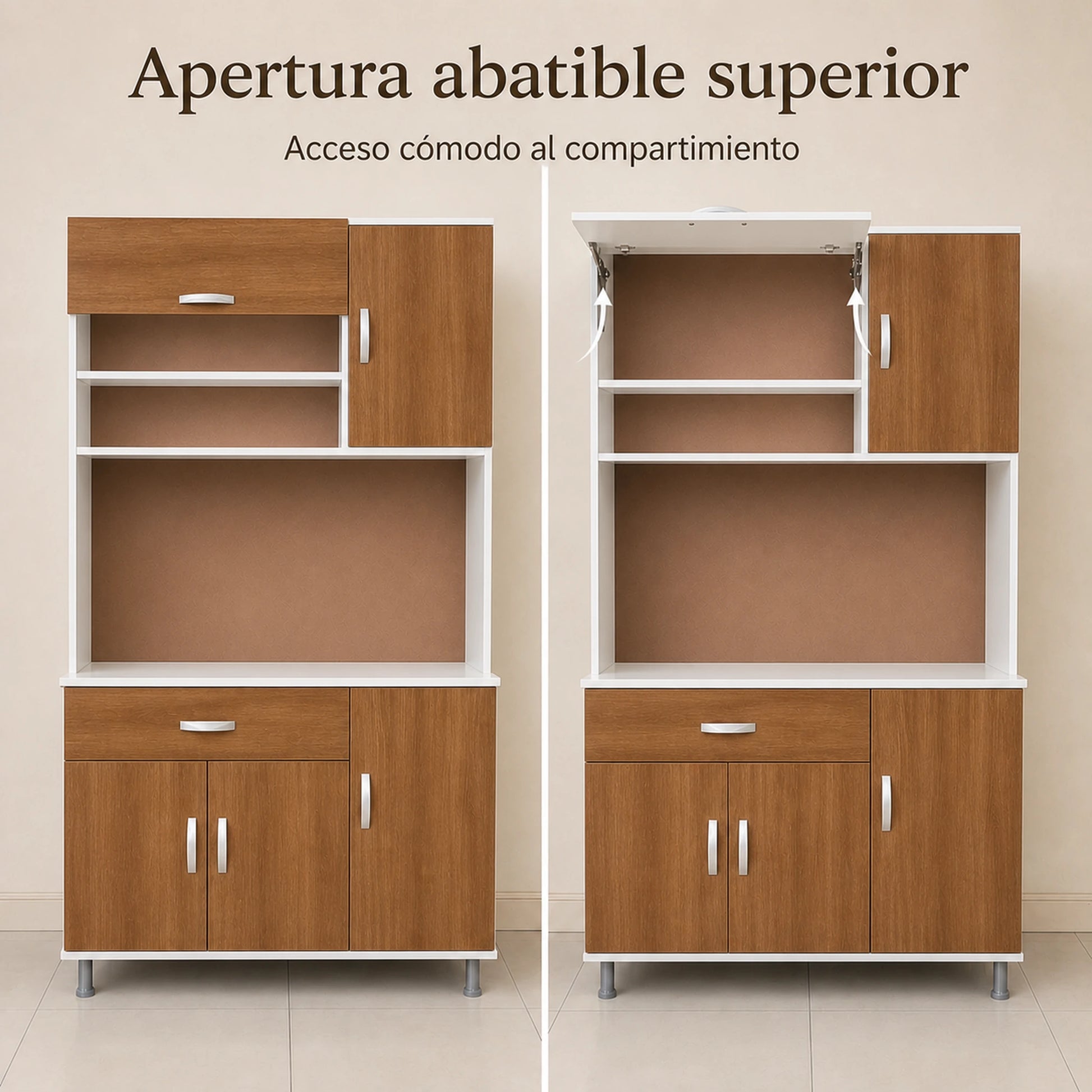 Puerta de apertura abatible en la parte superior del gabinete de cocina grande en Blanco y Madera