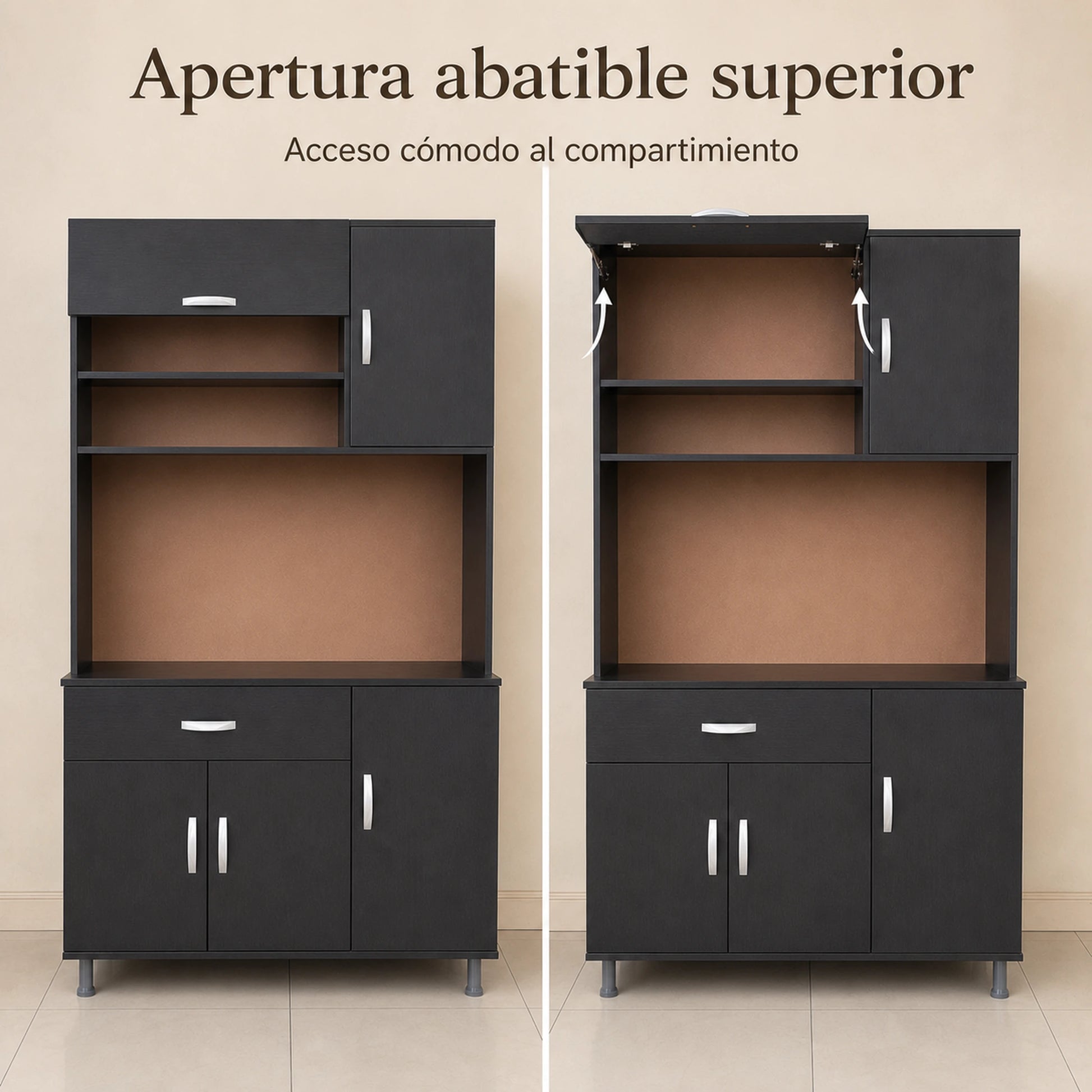 Puerta de apertura abatible en la parte superior del gabinete de cocina