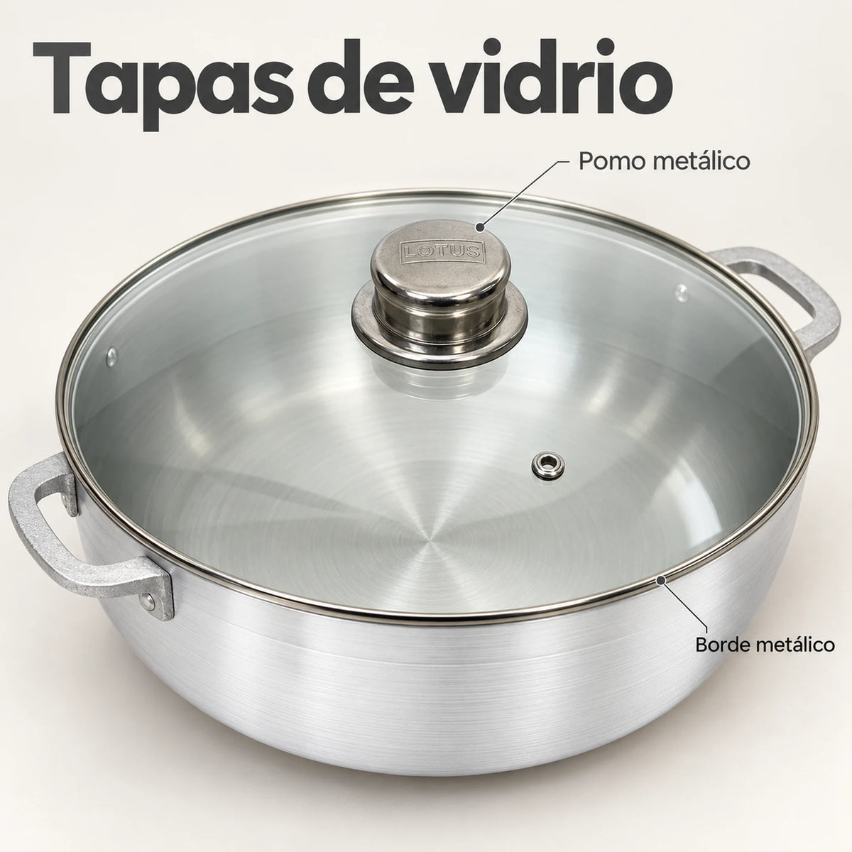Tapa de vidrio con pomo y borde metálicos del caldero Lotus