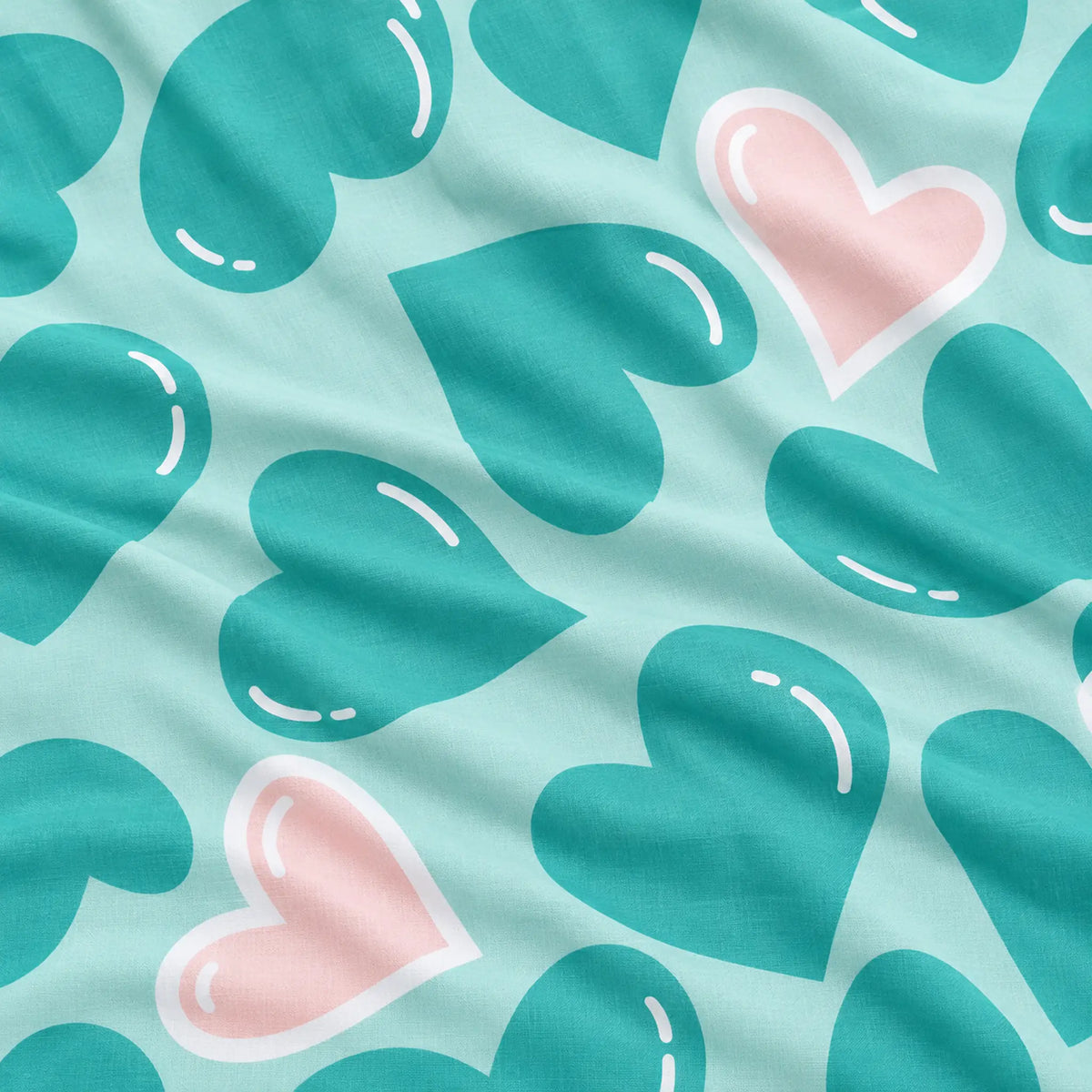 Juego de sábanas 4 piezas estampado verde menta con corazones – detalle del estampado