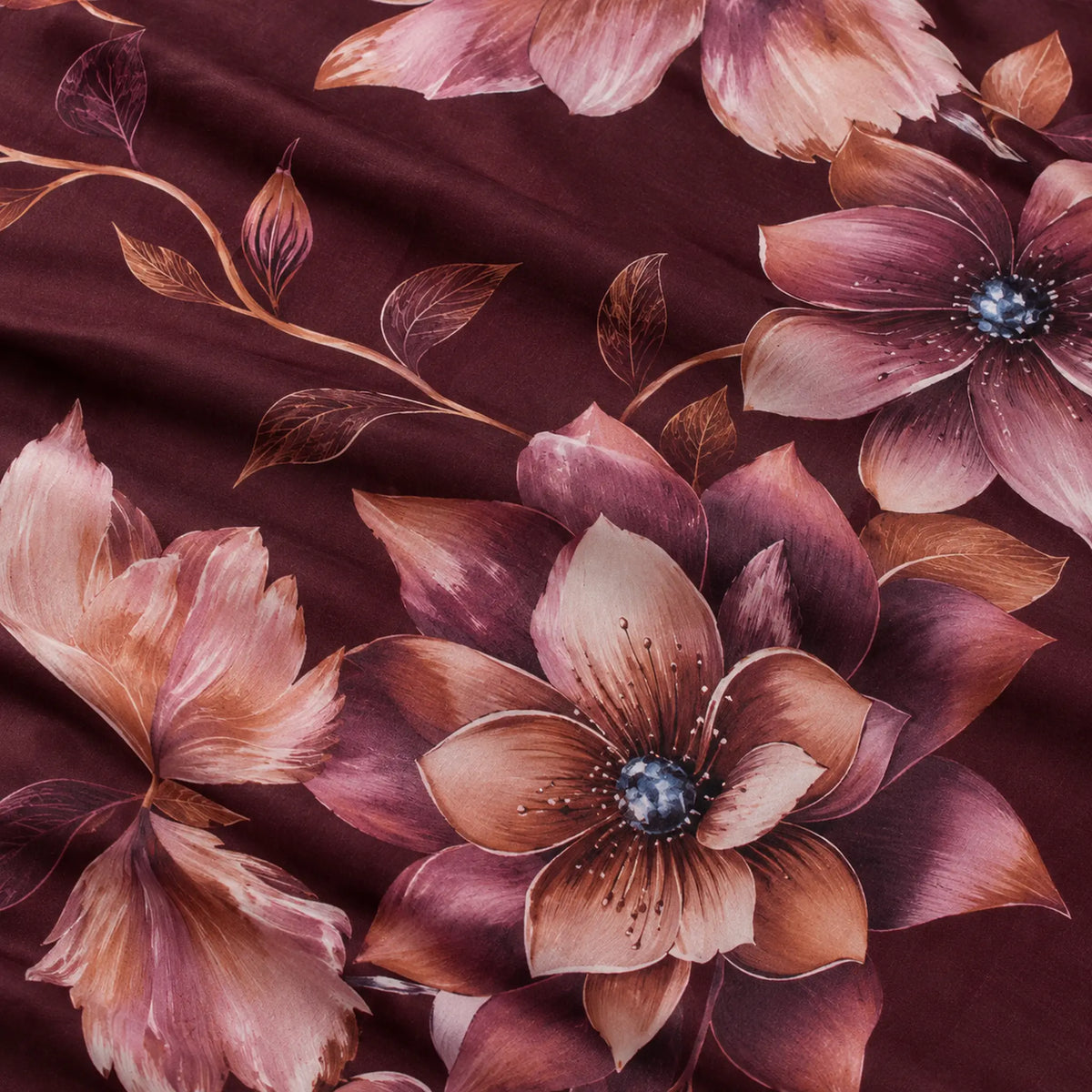 Juego de sábanas 4 piezas estampado color vino con flores – detalle del estampado
