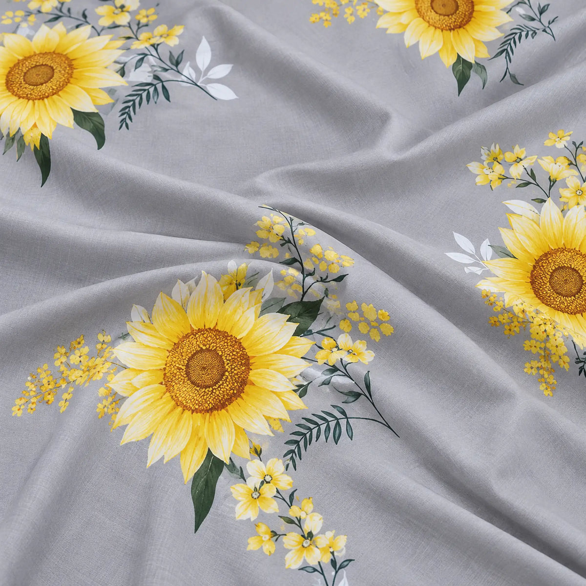 Juego de sábanas 4 piezas estampado gris con girasoles – detalle del estampado