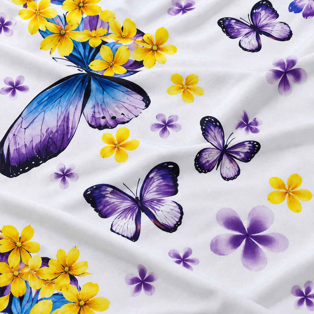Juego de sábanas 4 piezas estampado morado con mariposas – detalle del estampado