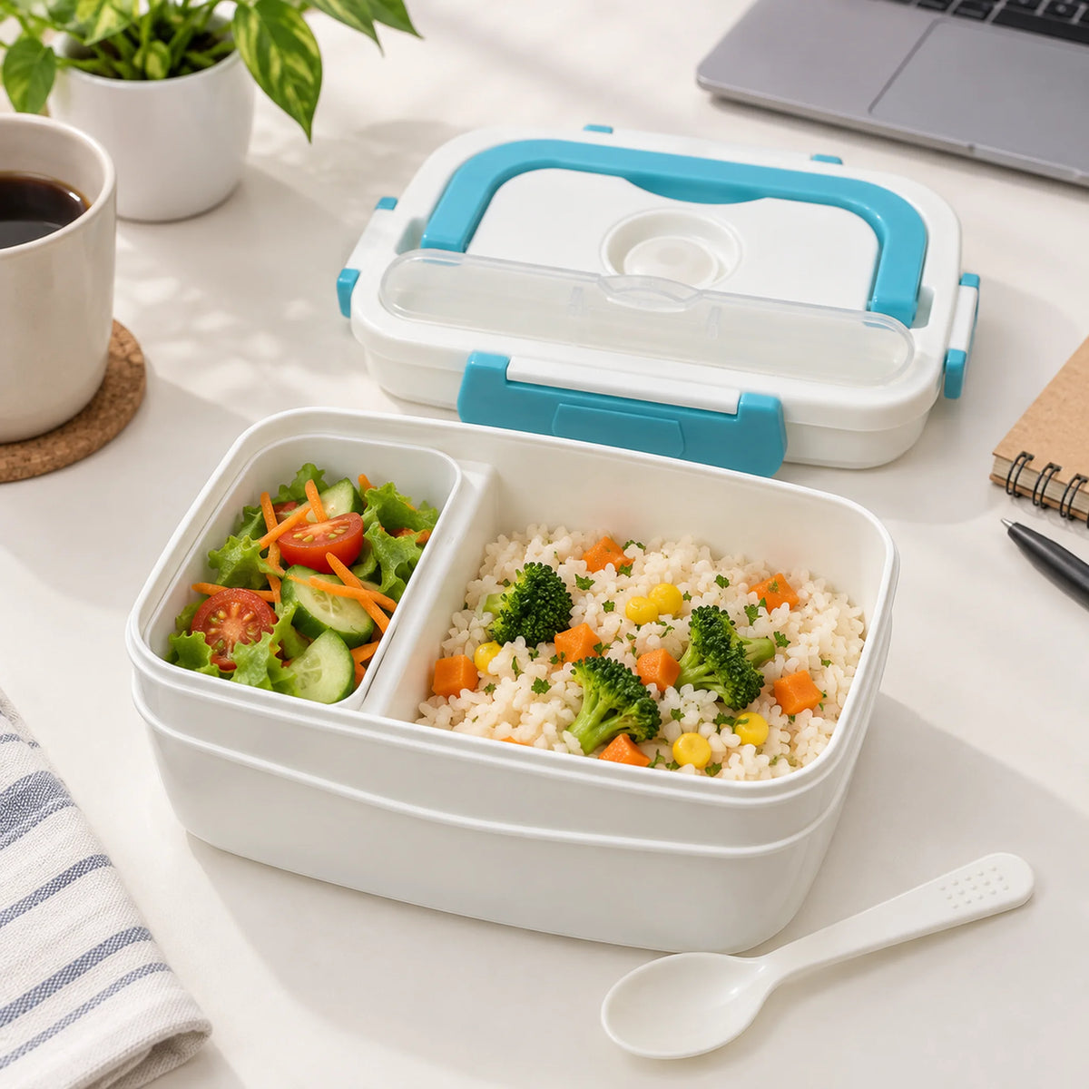 Lonchera eléctrica LOTUS turquesa abierta con almuerzo caliente y ensalada