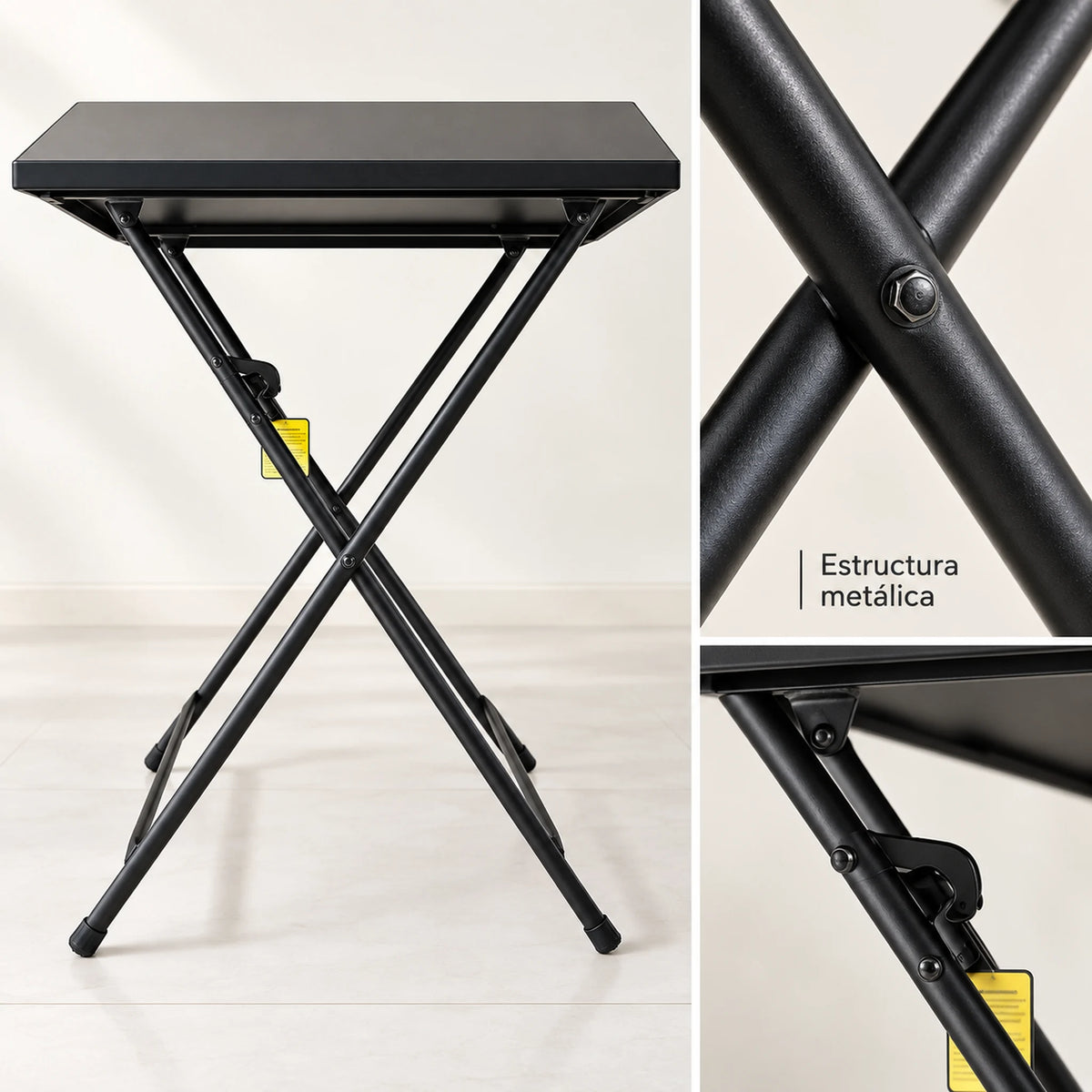 Detalle de la estructura metálica con patas cruzadas de la mesa plegable