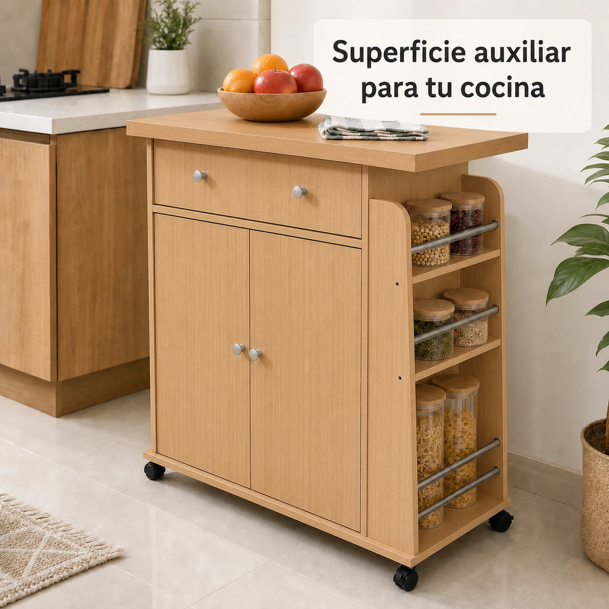 Carrito auxiliar de cocina Madera Beige en uso como superficie extra en una cocina real