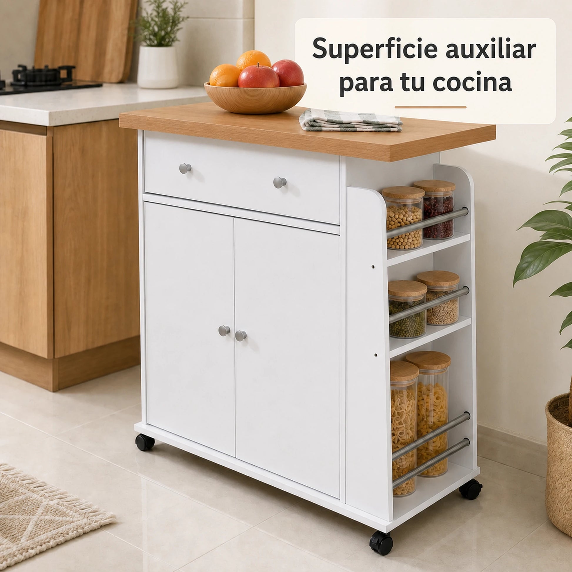Carrito auxiliar de cocina Blanco / Roble en uso como superficie extra en una cocina real