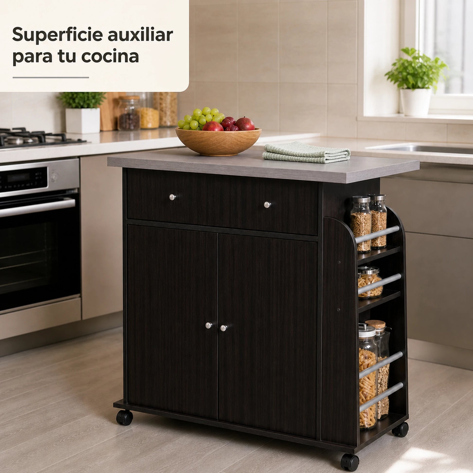 Carrito auxiliar de cocina Café Oscuro / Gris Ceniza en uso como superficie extra en una cocina real