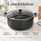 Características de la olla antiadherente Lotus de 38 cm (18 QT): libre de PFOA, apta para gas, eléctrica, inducción y vitrocerámica