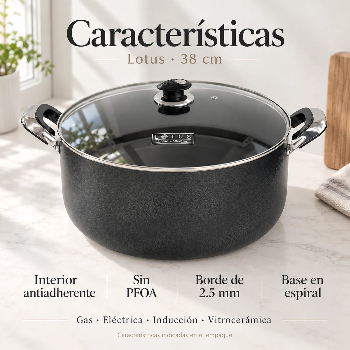 Características de la olla antiadherente Lotus de 38 cm (18 QT): libre de PFOA, apta para gas, eléctrica, inducción y vitrocerámica