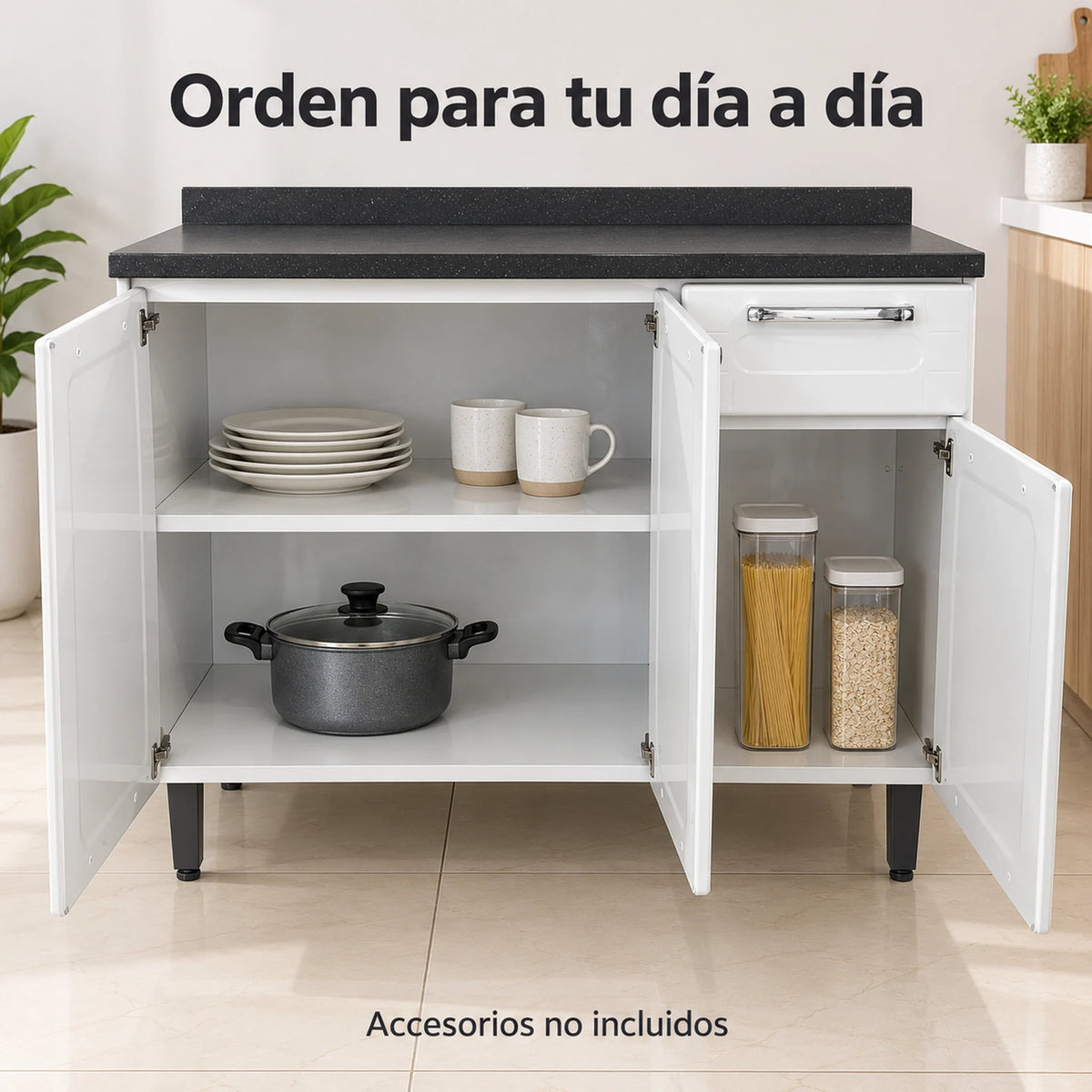 Gabinete de cocina de acero 105 cm – en uso: espacio para platos, ollas y despensa