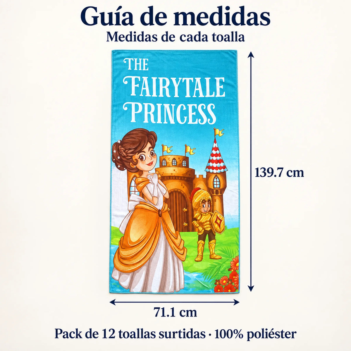 Pack de 12 Toallas Infantiles, guía de medidas: 71.1 x 139.7 cm por toalla
