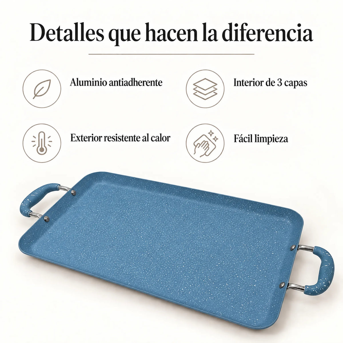 Beneficios de la plancha doble antiadherente ROCA, color Celeste Marmoleado