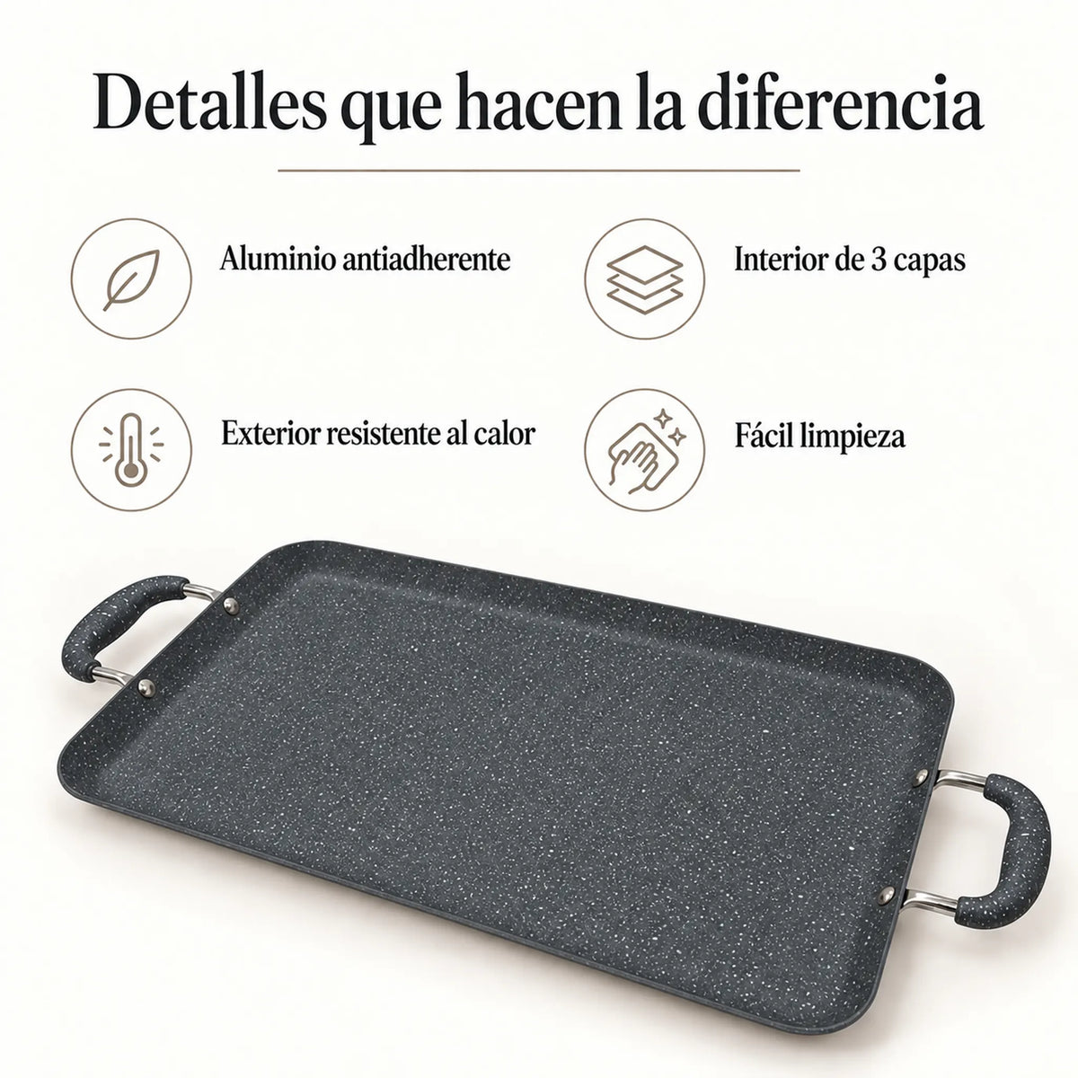 Beneficios de la plancha doble antiadherente ROCA, color Gris Oscuro Marmoleado