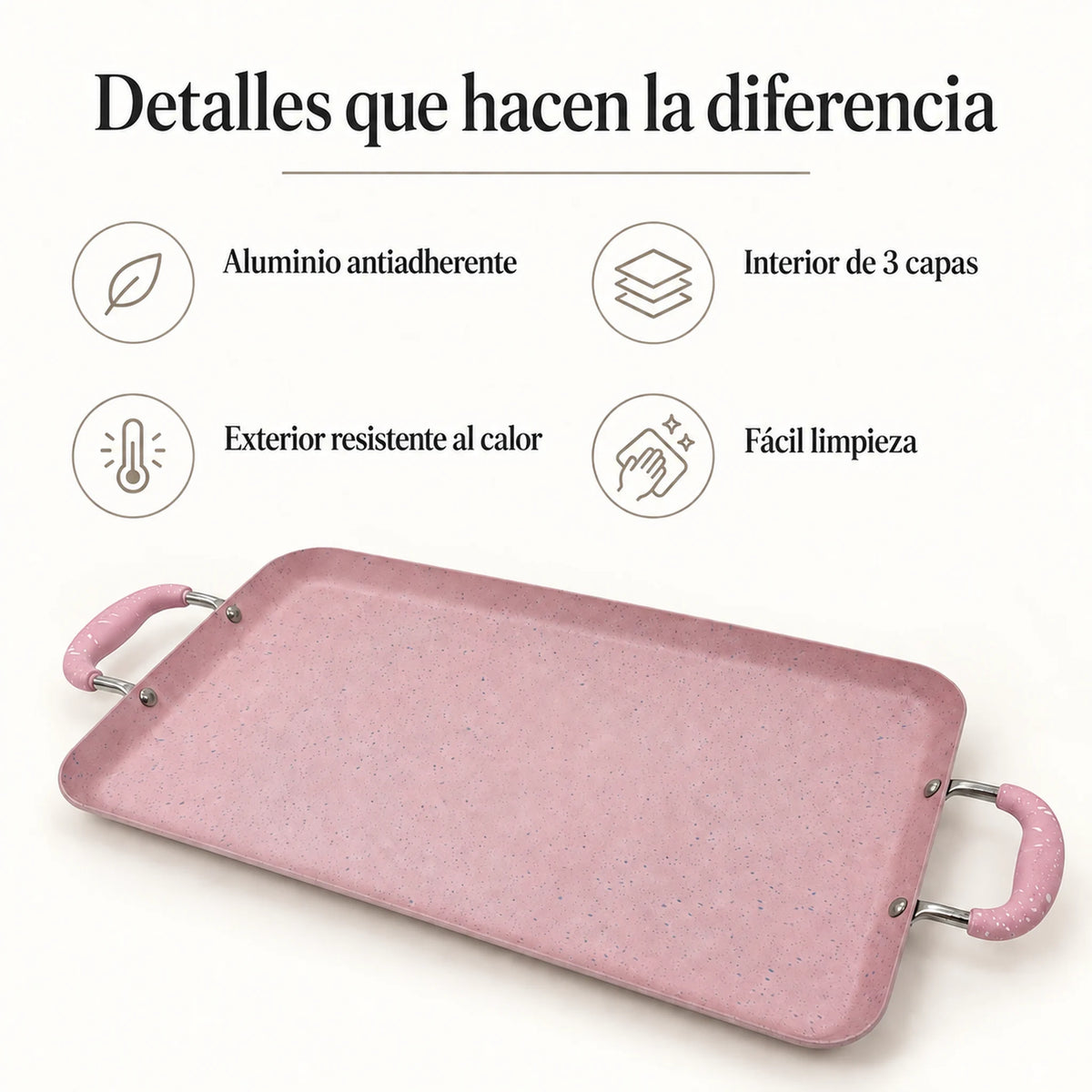 Beneficios de la plancha doble antiadherente ROCA, color Rosa Marmoleado