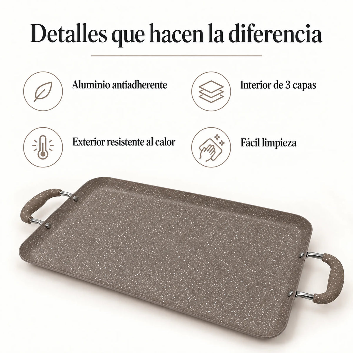Beneficios de la plancha doble antiadherente ROCA, color Taupe Marmoleado
