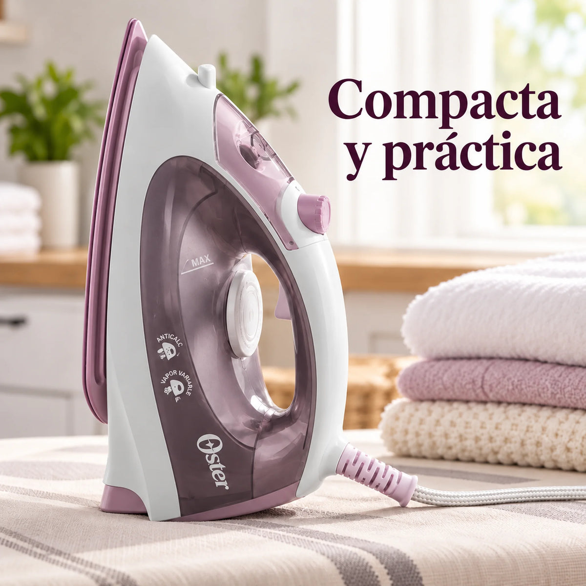 Plancha de vapor compacta rosada – formato compacto