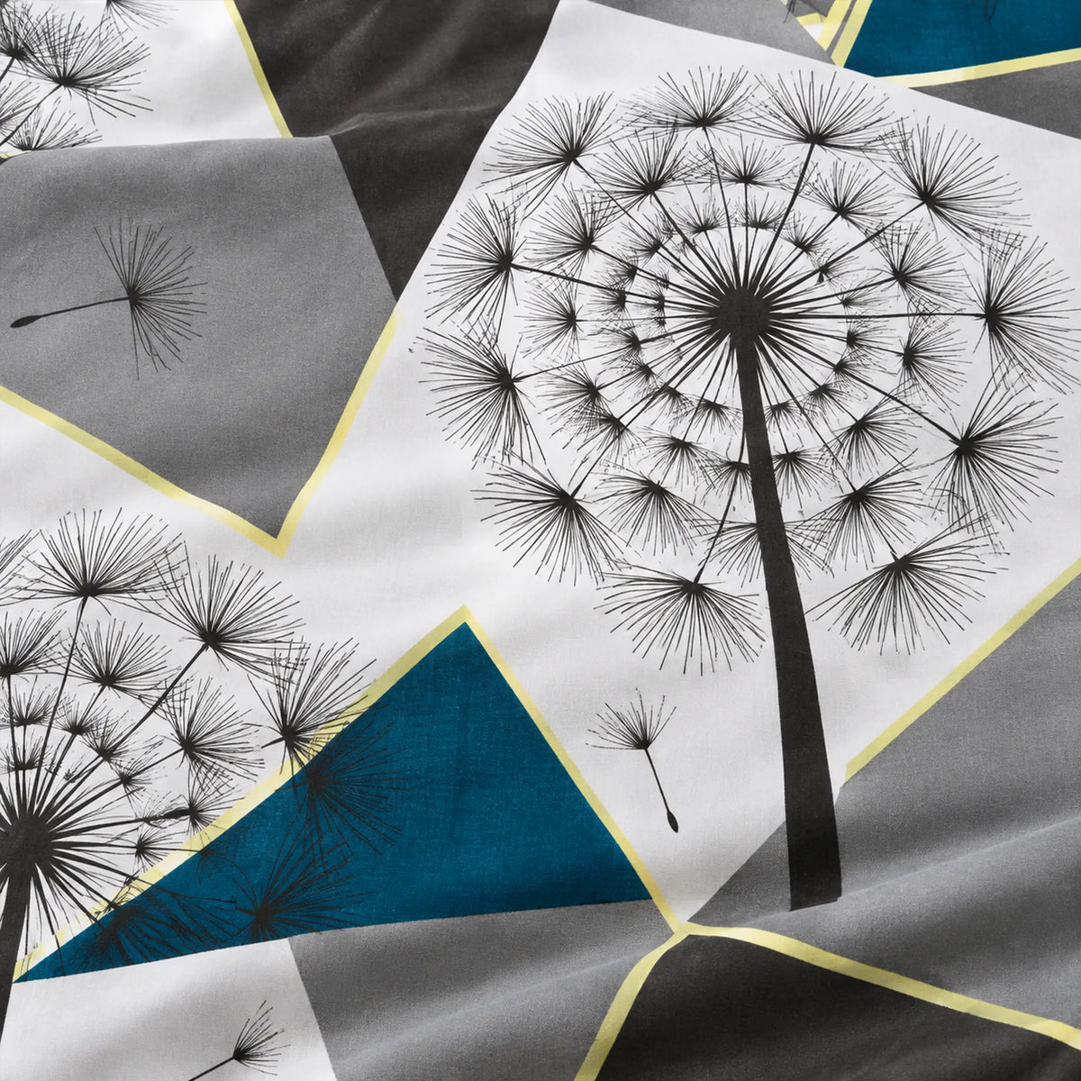 Juego de sábanas con vuelo 4 piezas, diseño Dientes de León Gris y Azul – detalle del estampado