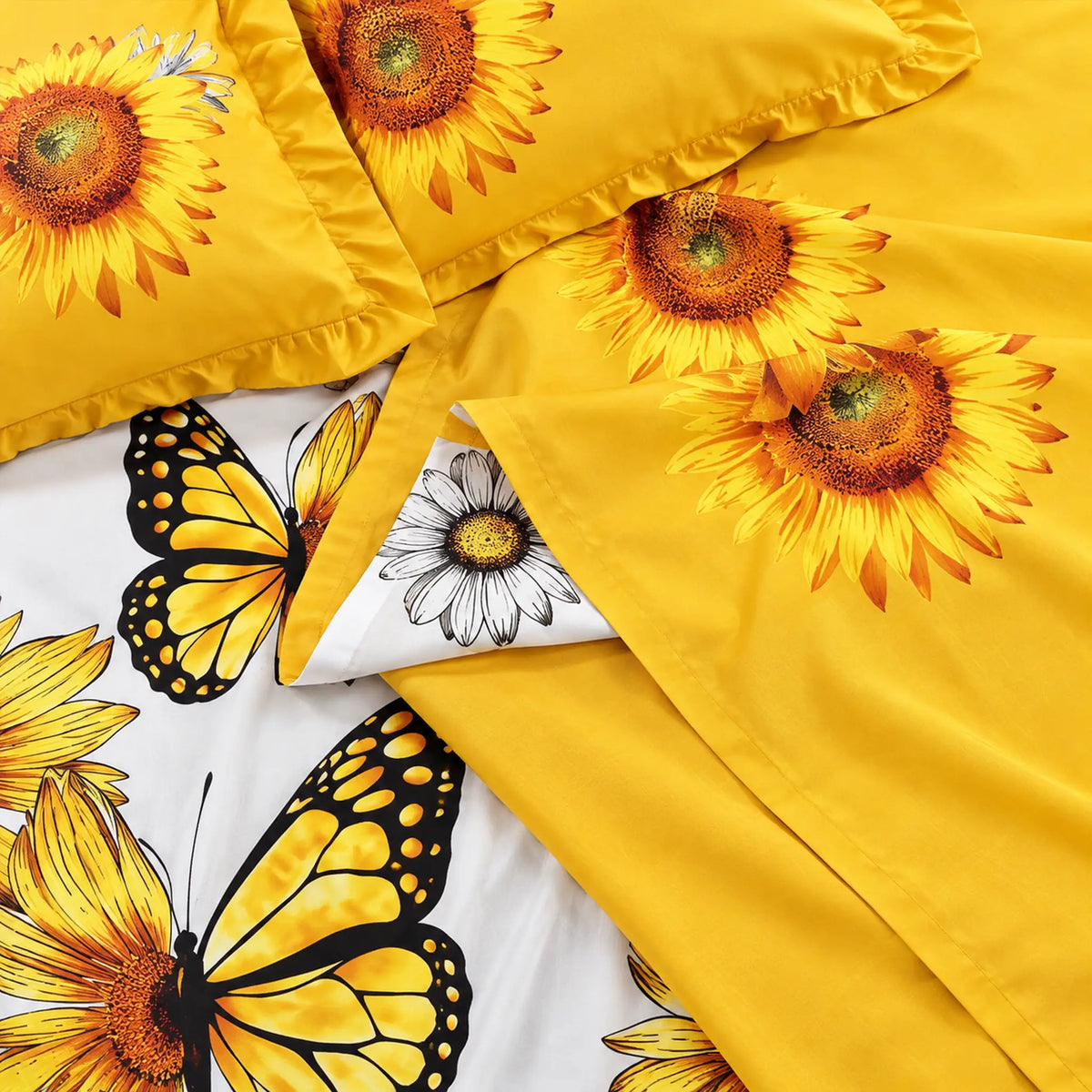 Juego de sábanas con vuelo 4 piezas, diseño Girasoles y Mariposas Amarillas – detalle del estampado