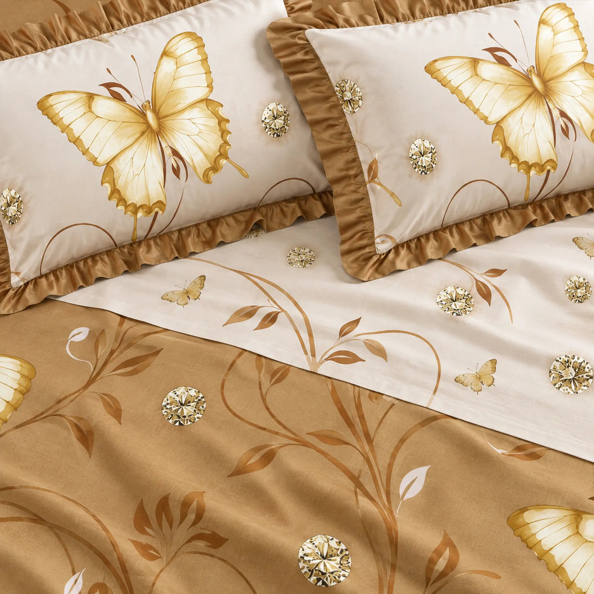 Juego de sábanas con vuelo 4 piezas, diseño Mariposas Doradas – detalle del estampado