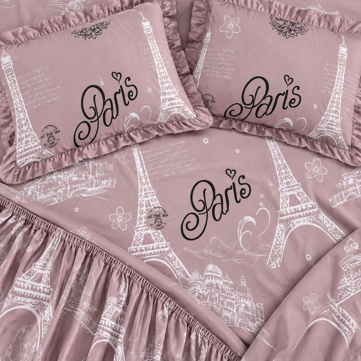Juego de sábanas con vuelo 4 piezas, diseño París Rosa Malva – detalle del estampado