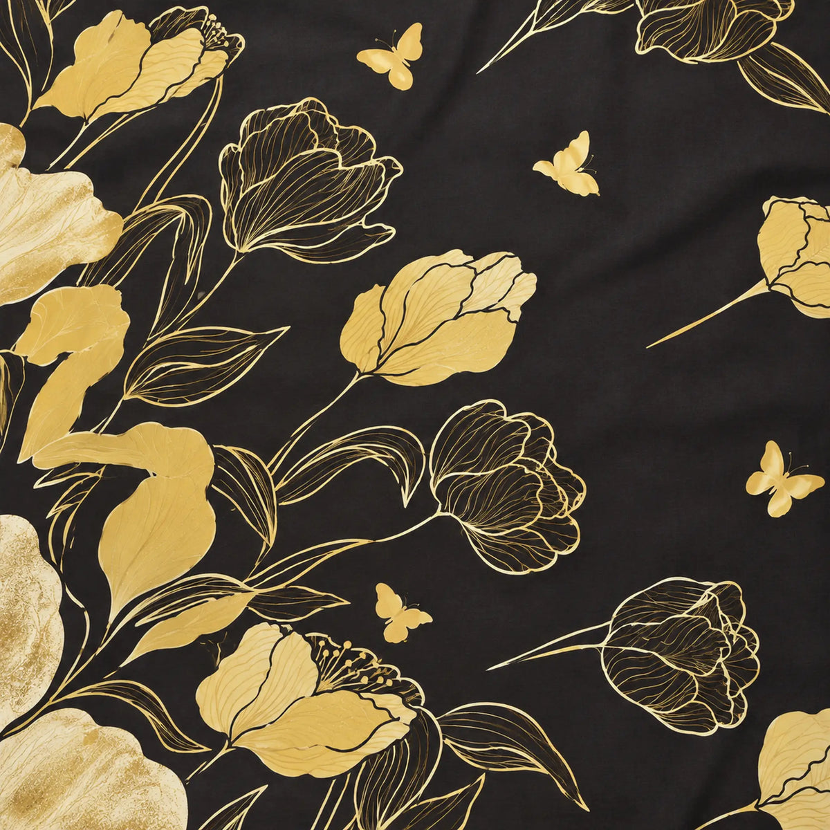 Juego de sábanas semimatrimonial 1.20 m, diseño Flores Doradas Fondo Negro – detalle del estampado