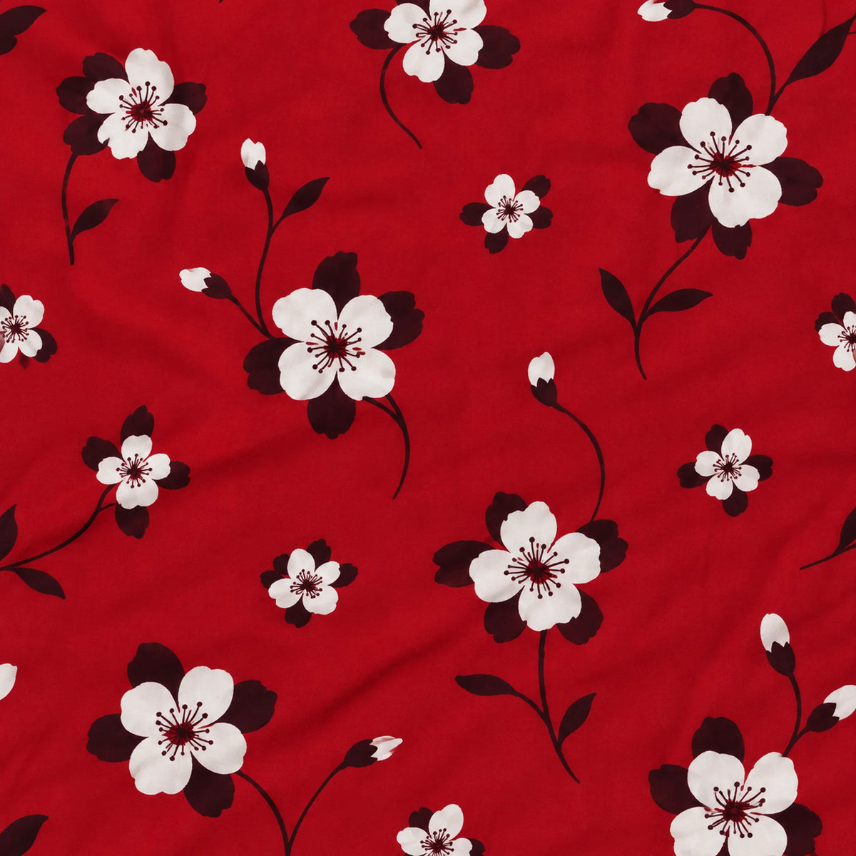 Juego de sábanas semimatrimonial 1.20 m, diseño Flores Blancas Fondo Rojo – detalle del estampado