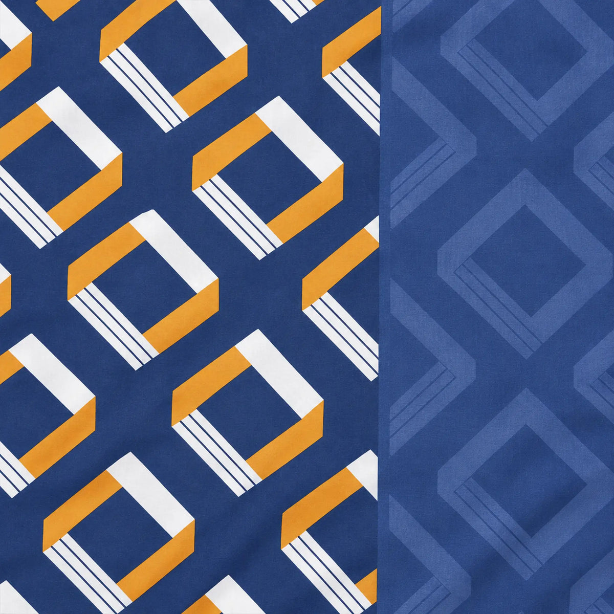 Juego de sábanas semimatrimonial 1.20 m, diseño Geométrico Azul y Mostaza – detalle del estampado