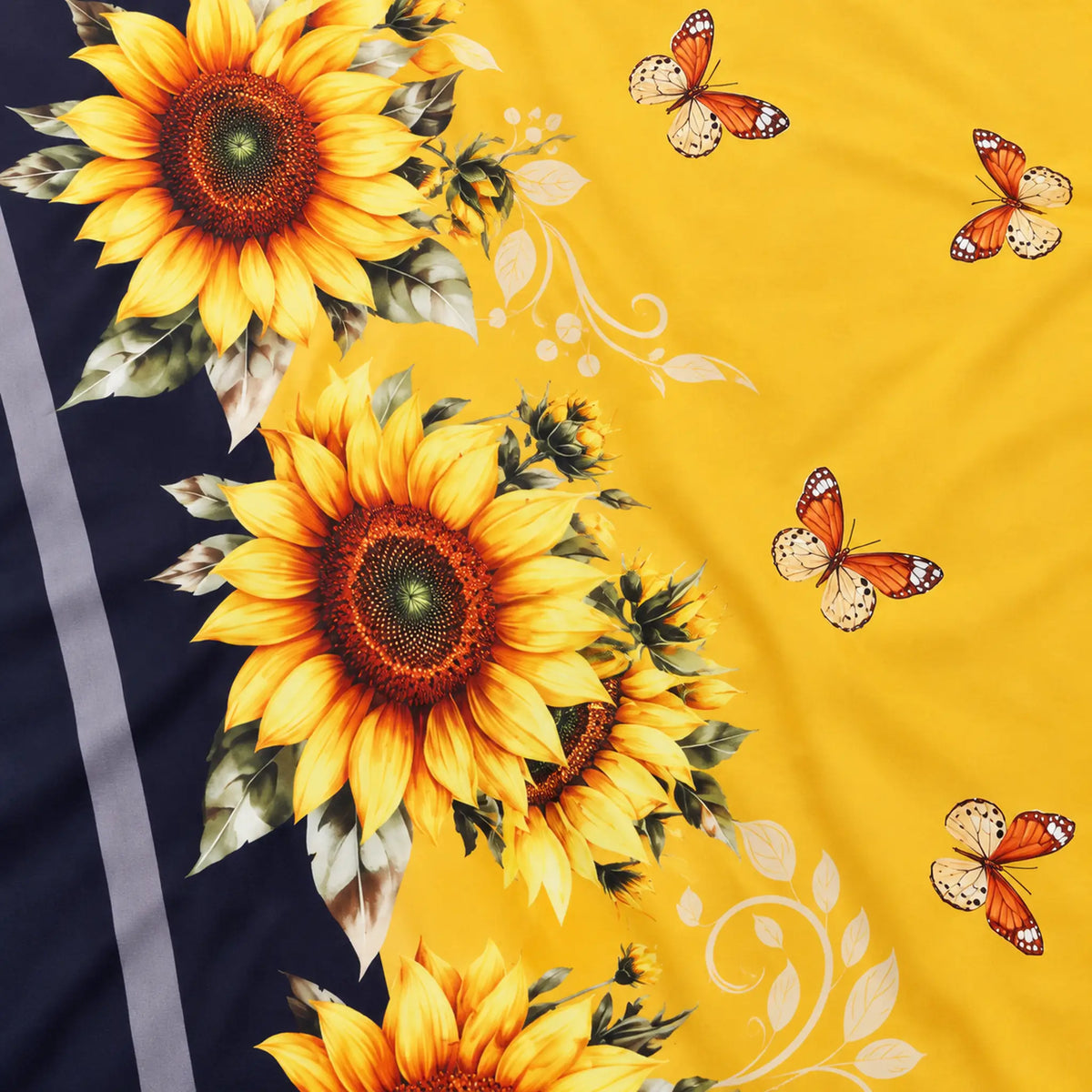 Juego de sábanas semimatrimonial 1.20 m, diseño Girasoles y Mariposas Amarillas – detalle del estampado