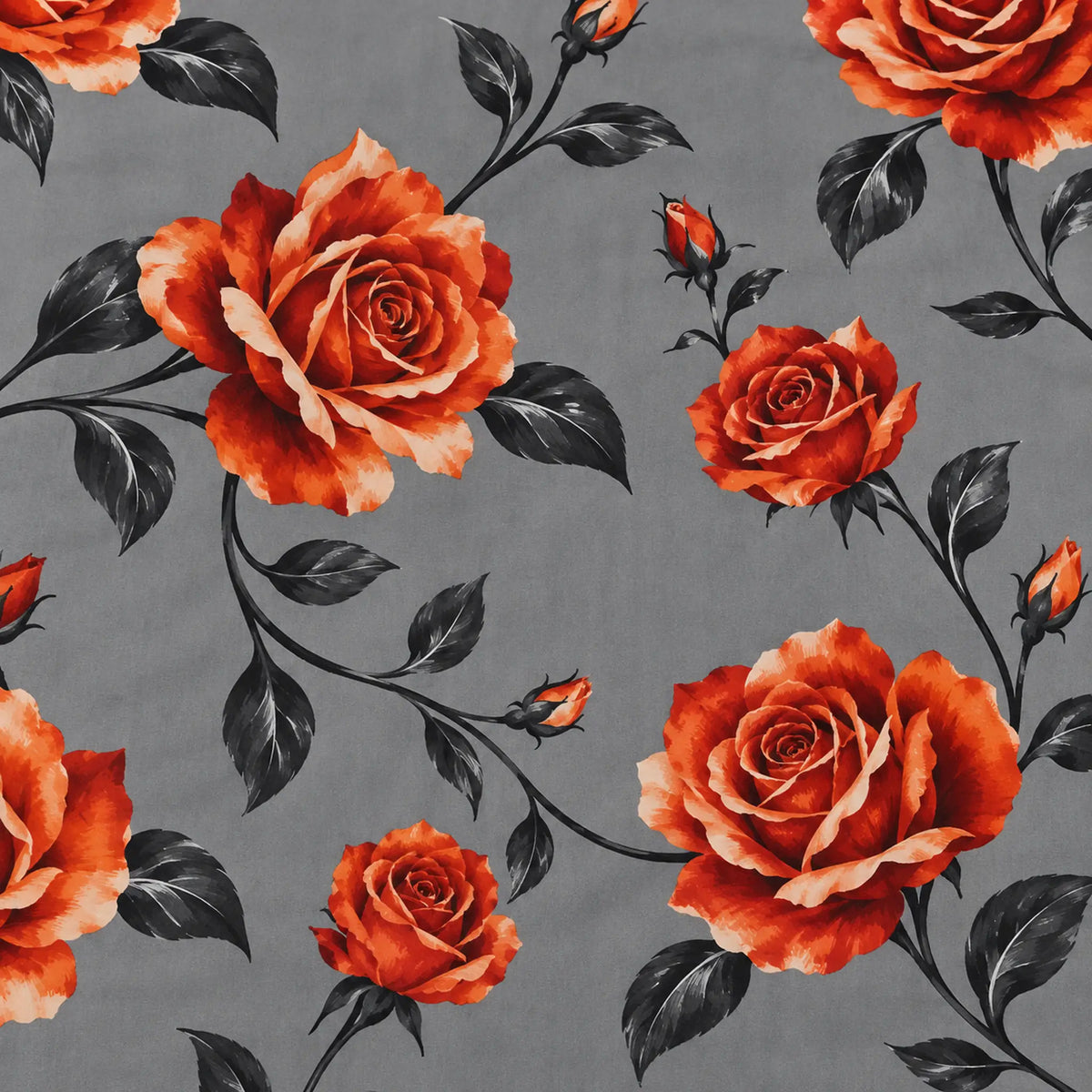 Juego de sábanas semimatrimonial 1.20 m, diseño Rosas Naranjas Fondo Gris – detalle del estampado