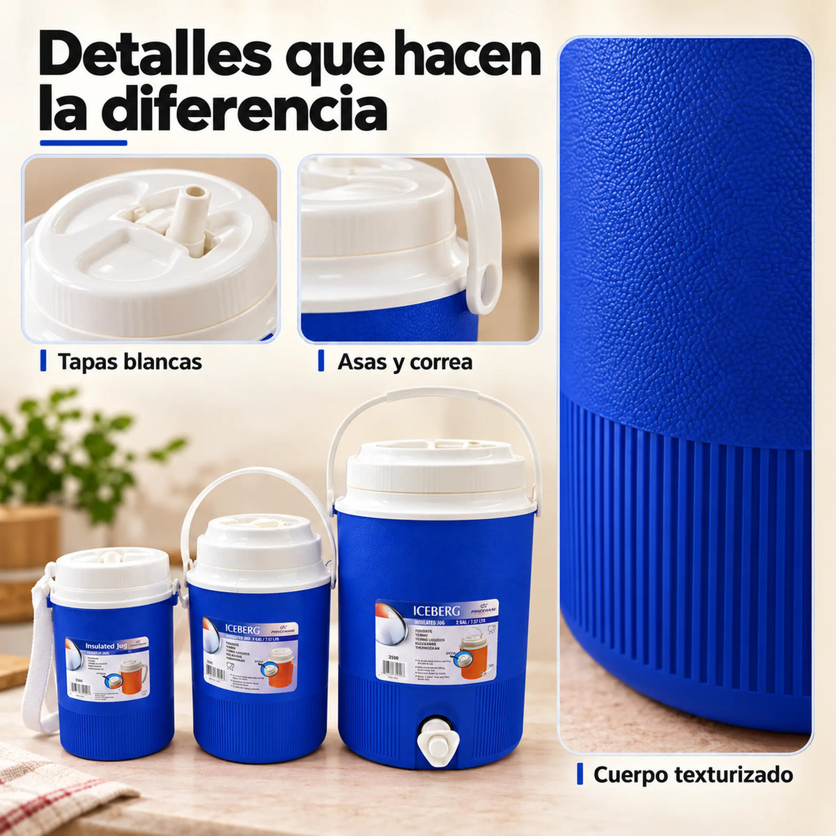 Set de 3 termos para líquidos color azul – textura y tapas