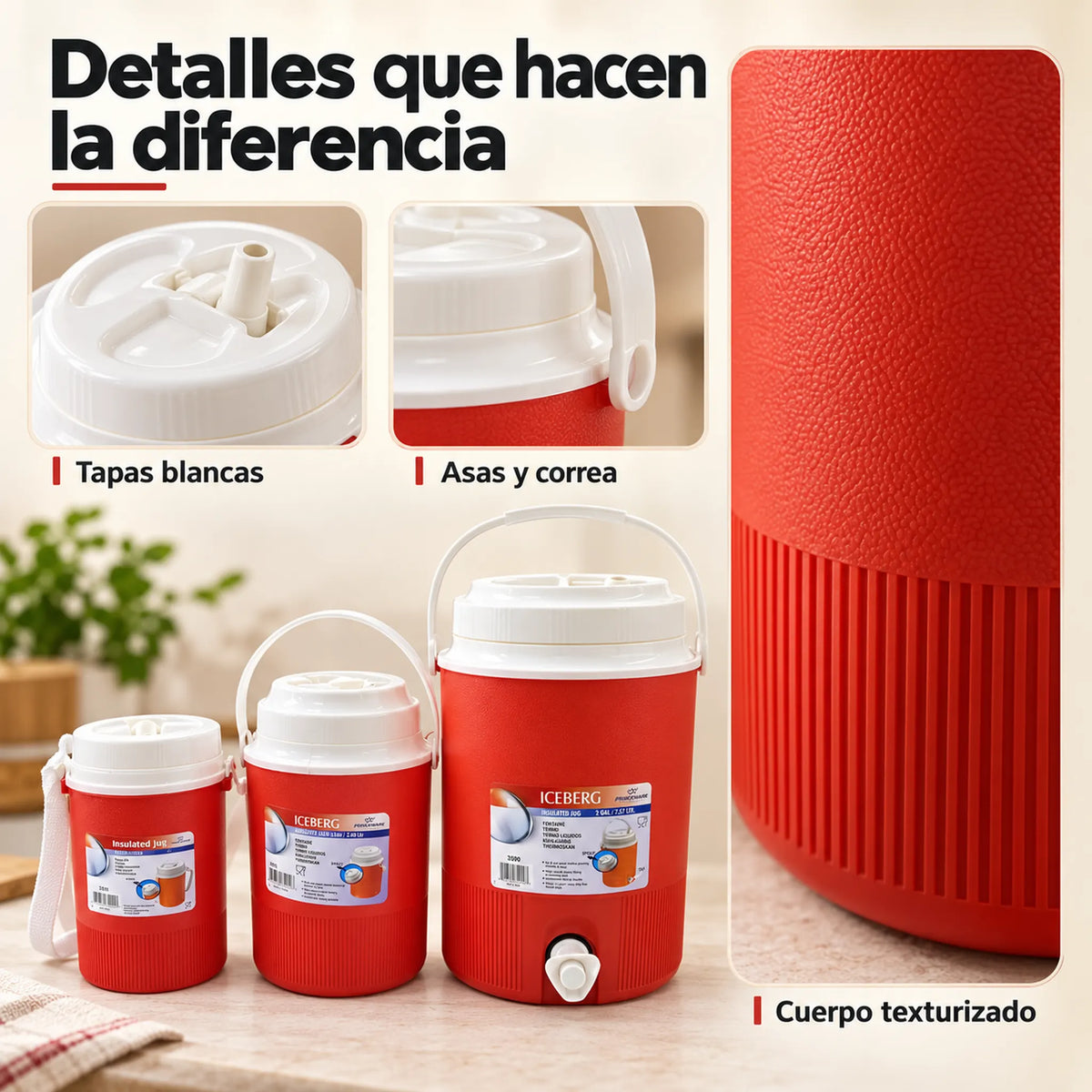 Set de 3 termos para líquidos color rojo – textura y tapas