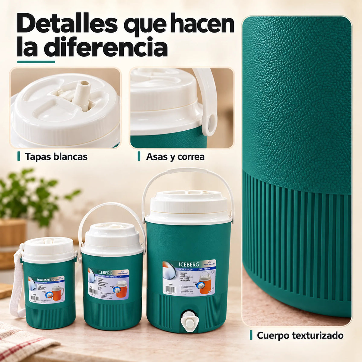 Set de 3 termos para líquidos color turquesa – textura y tapas