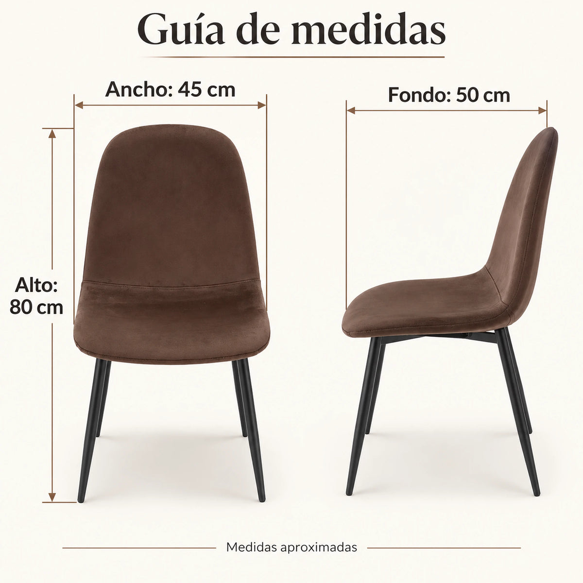 Guía de medidas de la silla de comedor Beneli chocolate: 45 x 50 x 80 cm