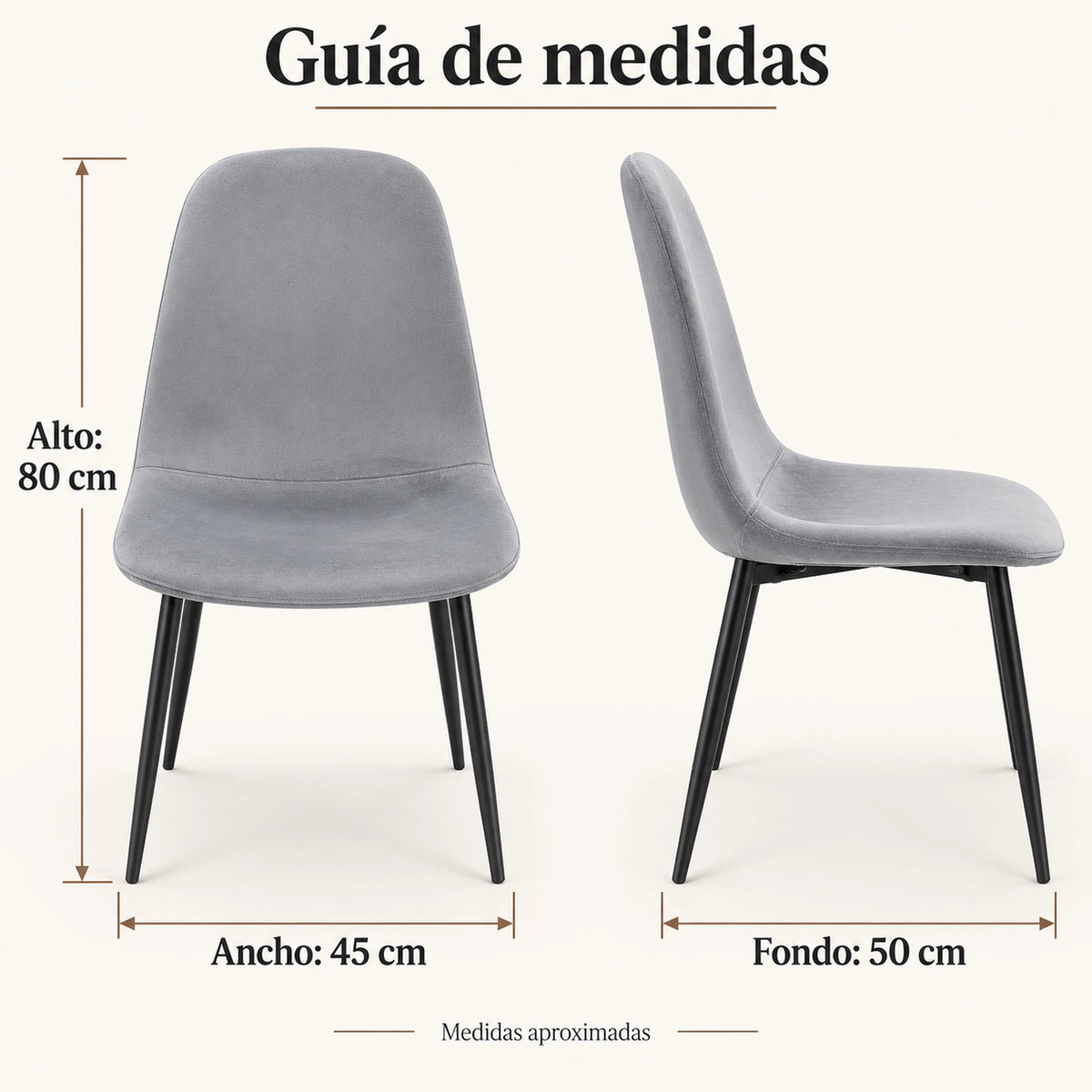 Guía de medidas de la silla de comedor Beneli gris claro: 45 x 50 x 80 cm
