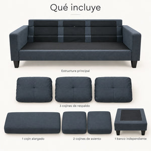 Qué incluye el sofá seccional: estructura, 3 cojines de respaldo, 2 de asiento, cojín alargado y banco