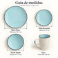 Guía de medidas de la vajilla Lotus color Celeste: plato llano 26.7 cm, plato de postre 19 cm, tazón hondo 17.8 cm y taza de 400 ml