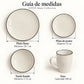 Guía de medidas de la vajilla Lotus color Crema: plato llano 26.7 cm, plato de postre 19 cm, tazón hondo 17.8 cm y taza de 400 ml