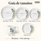 Guía de tamaños de la vajilla de porcelana Lotus, diseño Mariposas Aqua