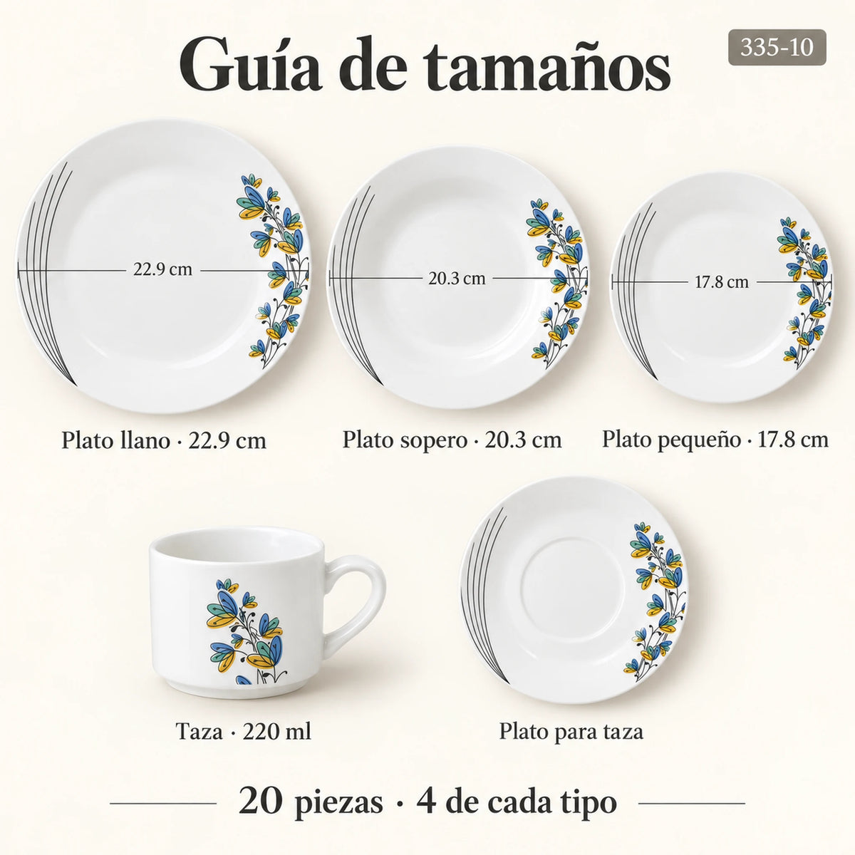 Guía de tamaños de la vajilla de porcelana Lotus, diseño Mariposas Aqua