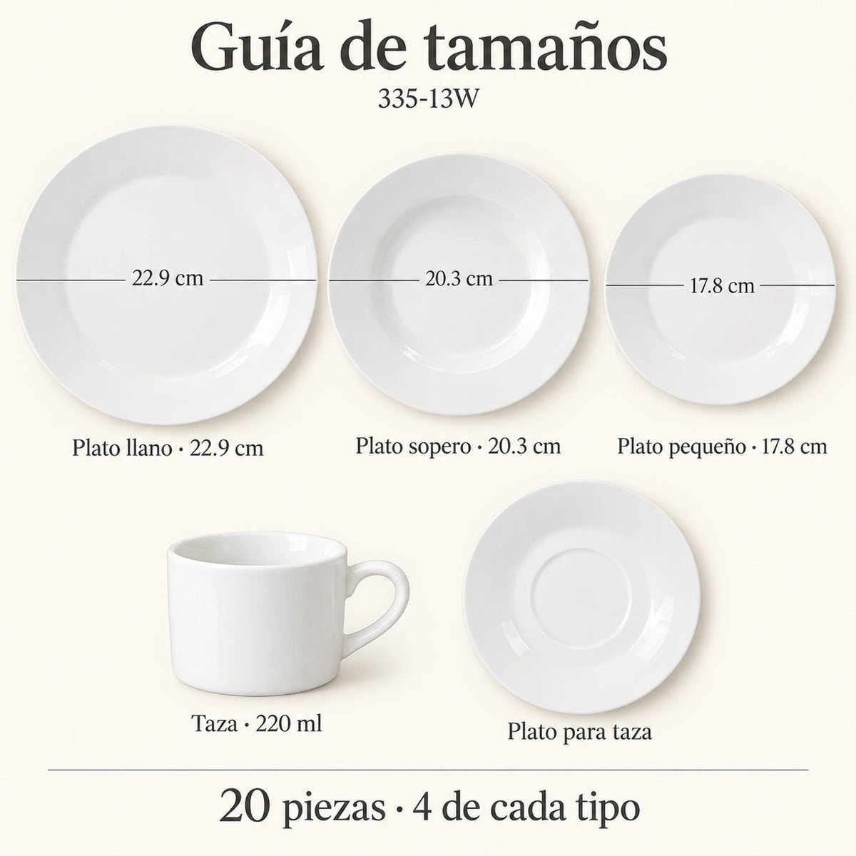 Guía de tamaños de la vajilla de porcelana Lotus, diseño Blanco Clásico