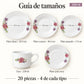 Guía de tamaños de la vajilla de porcelana Lotus, diseño Peonías Románticas