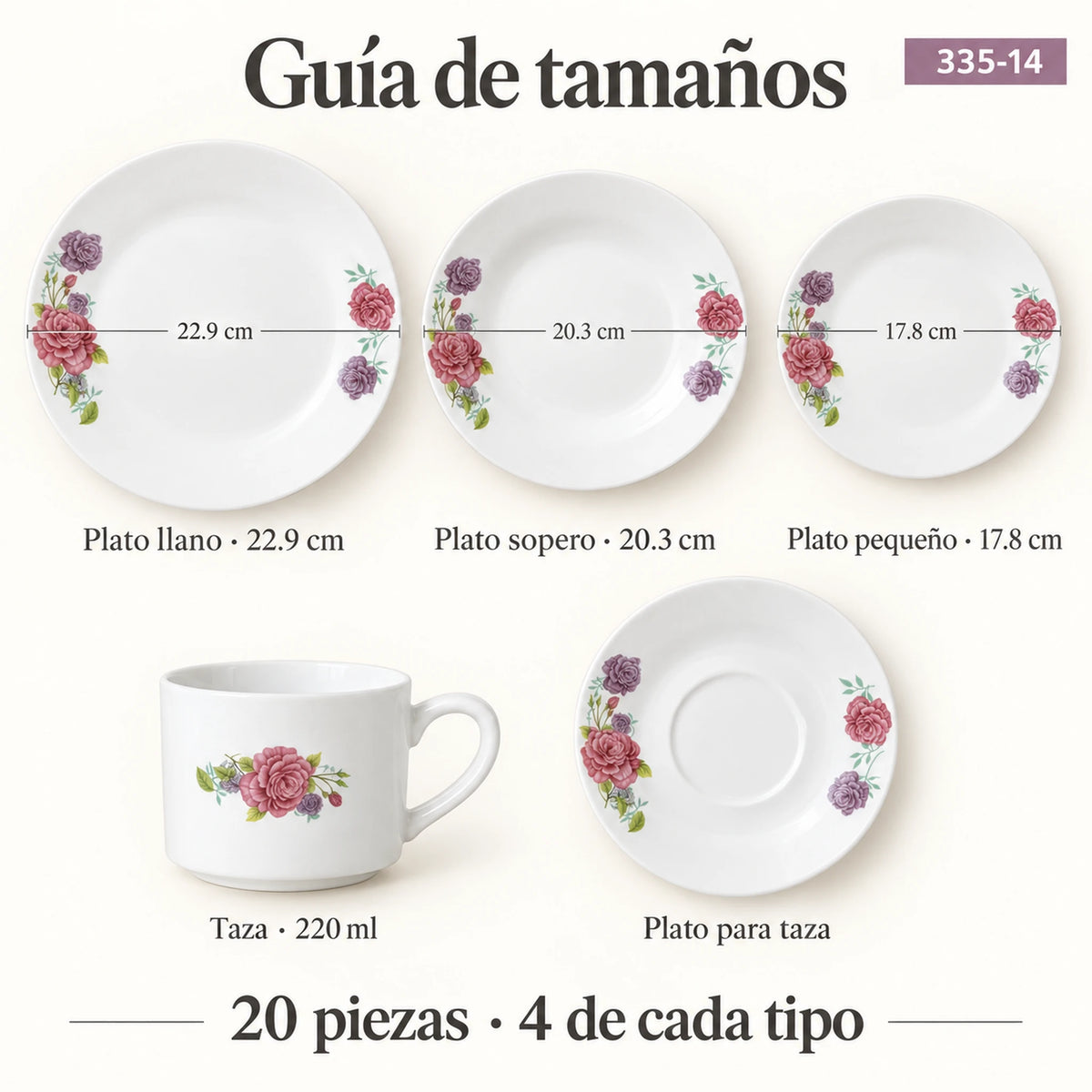 Guía de tamaños de la vajilla de porcelana Lotus, diseño Peonías Románticas