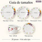 Guía de tamaños de la vajilla de porcelana Lotus, diseño Jardín Primavera