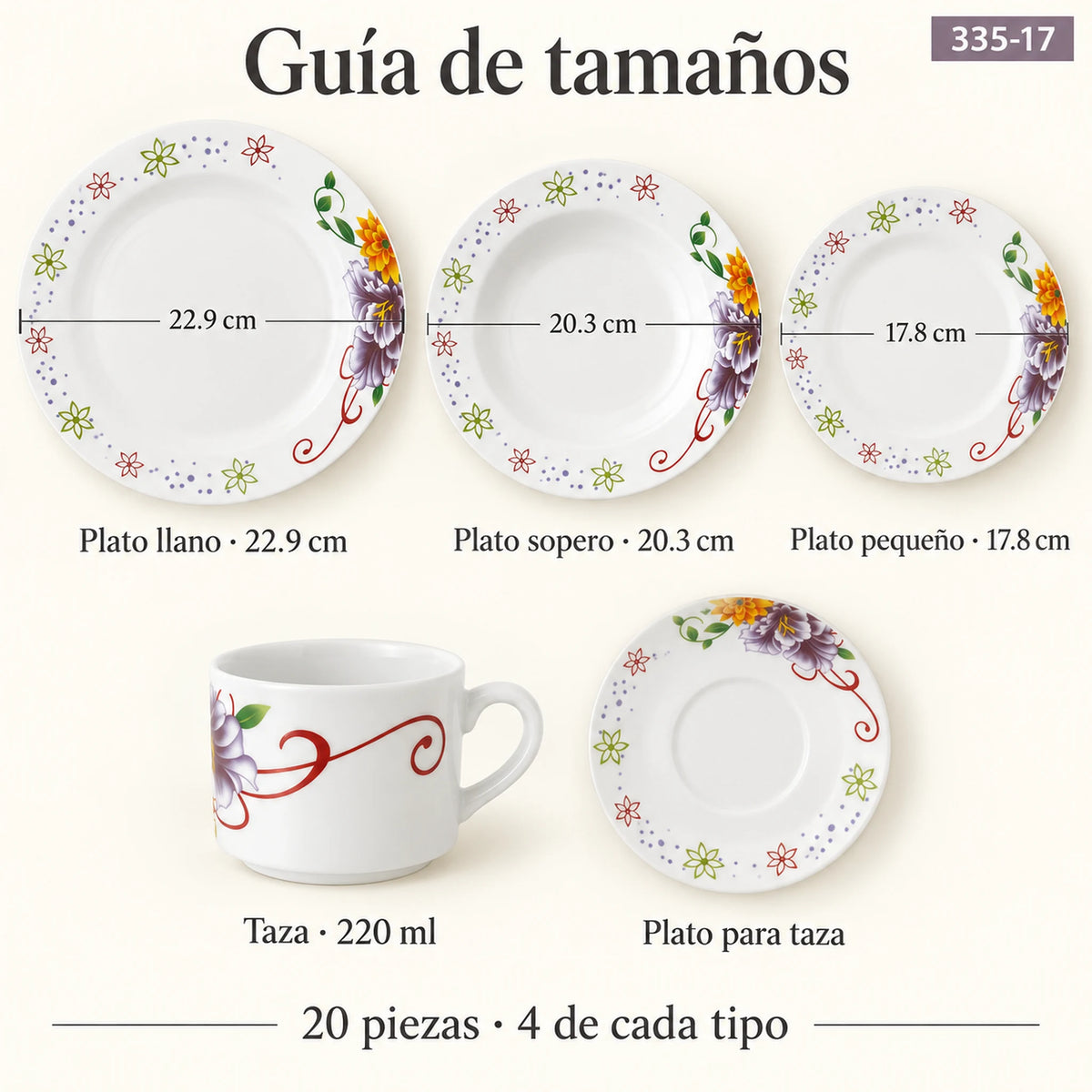 Guía de tamaños de la vajilla de porcelana Lotus, diseño Jardín Primavera