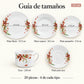Guía de tamaños de la vajilla de porcelana Lotus, diseño Lirio Coral