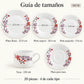 Guía de tamaños de la vajilla de porcelana Lotus, diseño Flor de Cerezo