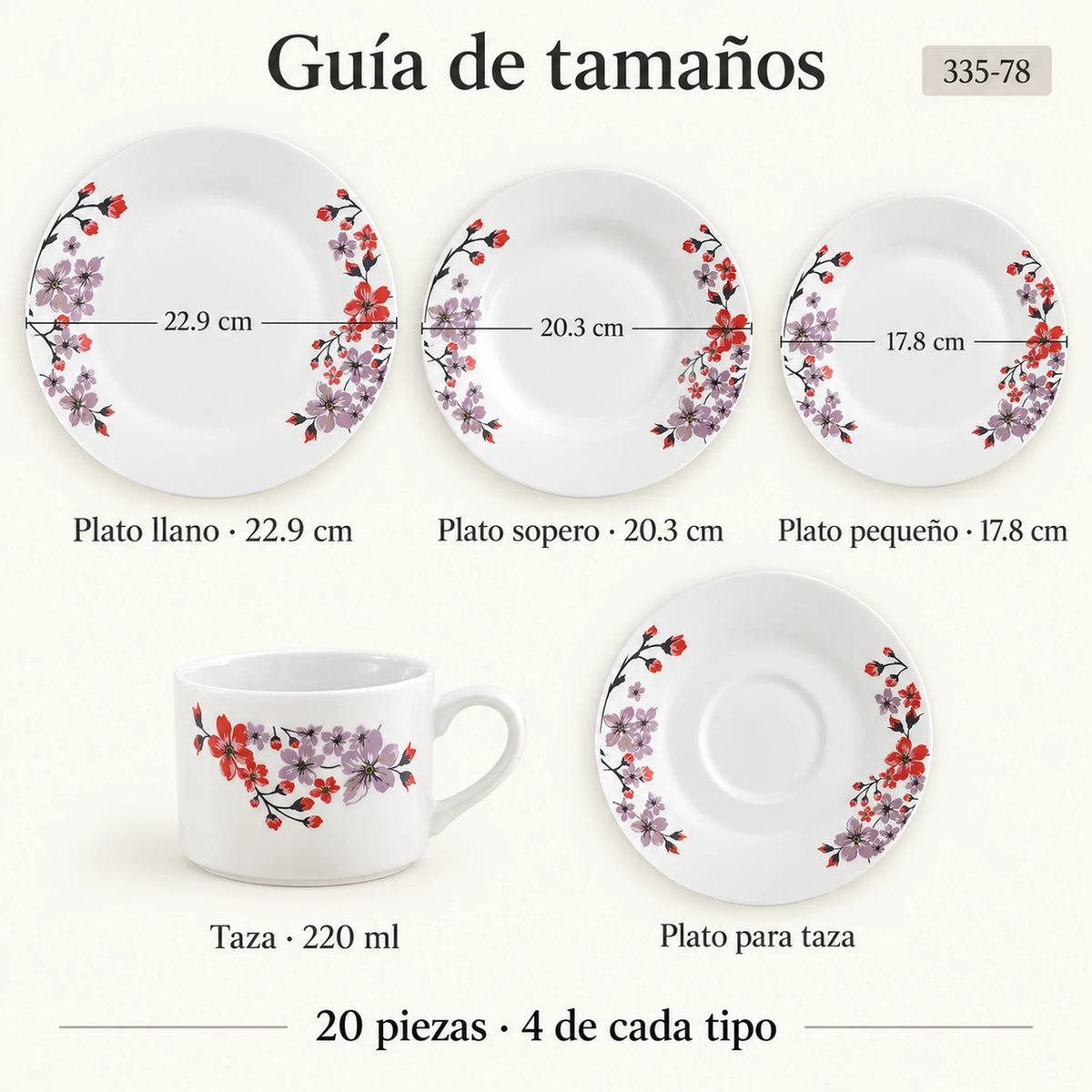 Guía de tamaños de la vajilla de porcelana Lotus, diseño Flor de Cerezo